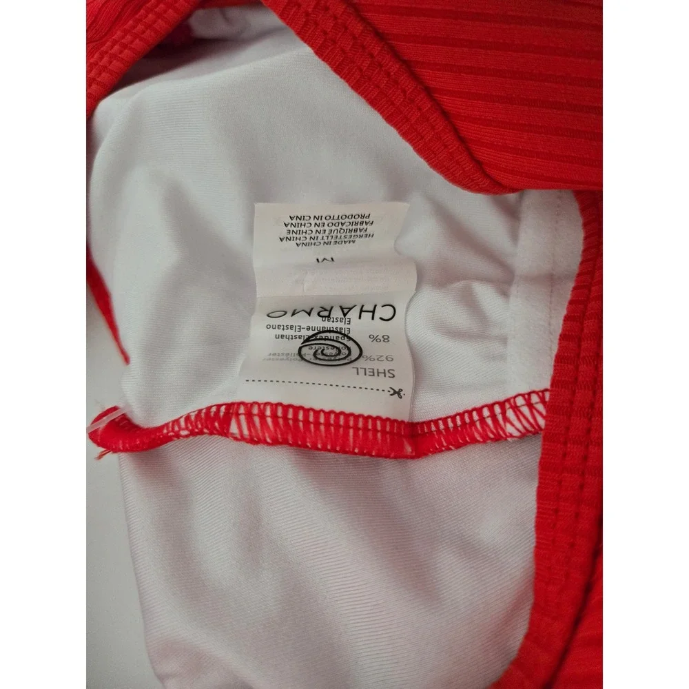 Charmo‎ Womens One Piece Swimsuit Red Ribbed Henley UPF 50+ Racerback Size M